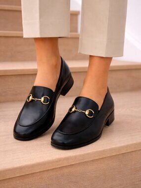 Gucci Black Leather Horsebit Quentin Slip On Loafers Size 35